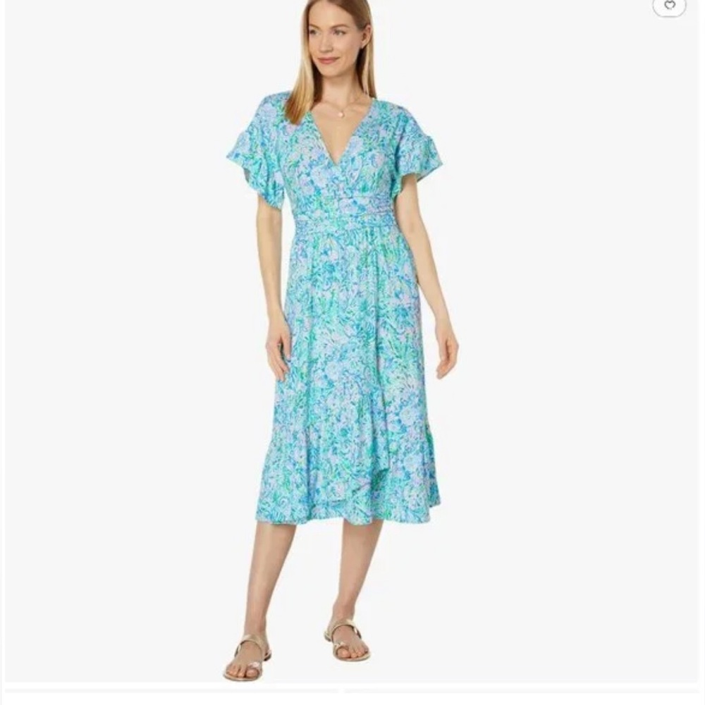 Lilly Pulitzer Green and Blue Pleated Ruffled Midi Sundress